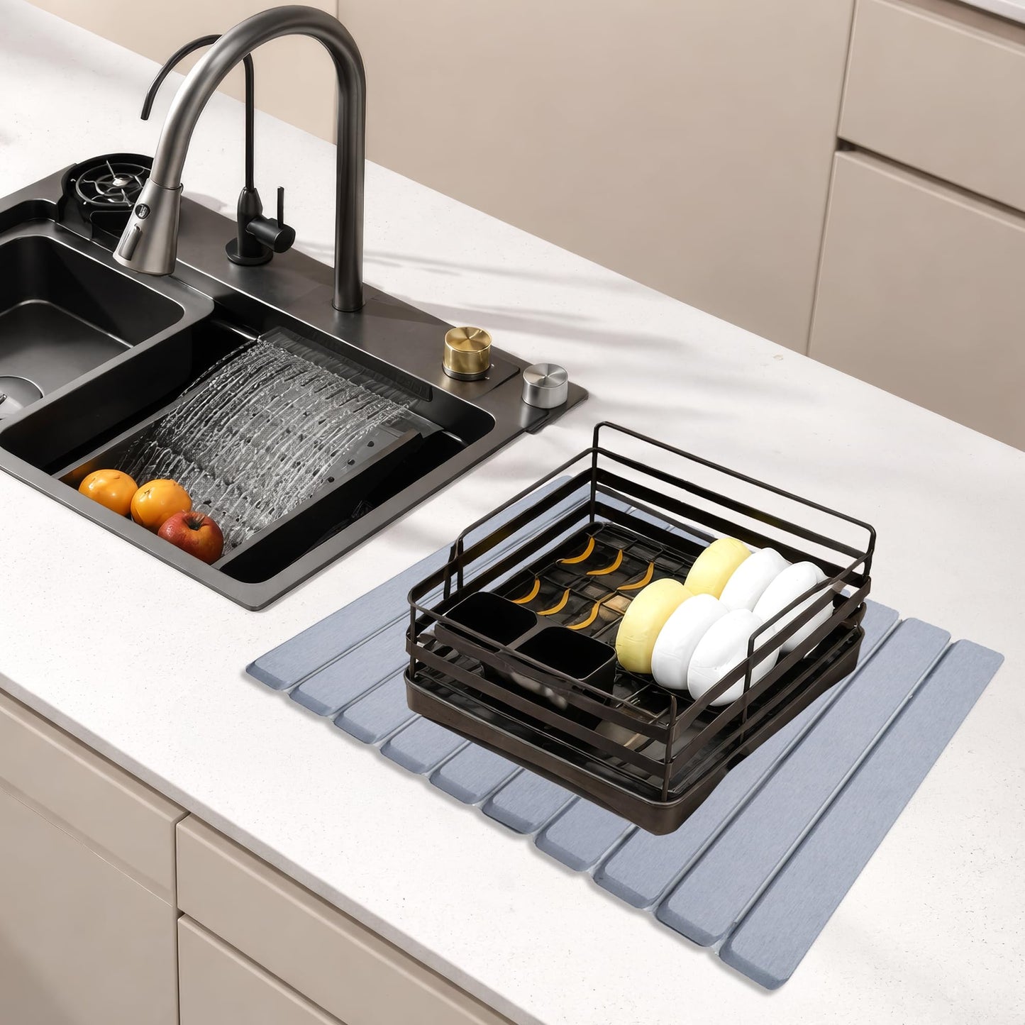 AUDRILO Kitchen Dish Drying Mat - Super Absorbent Microfiber Countertop Drainer Pad, Quick Dry Sink Mat for Dishes, Glassware & Utensils, Non-Slip Kitchen Counter Protector (Light Grey)