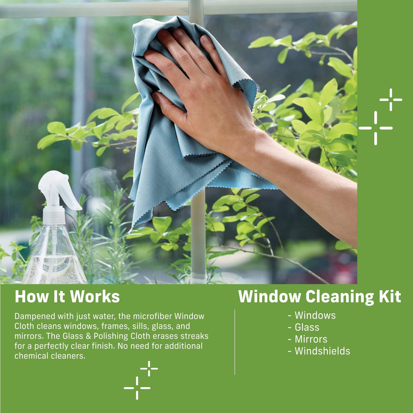 E-Cloth Microfiber Cleaning Cloth Glass Kit - Microfiber Towel Window Cleaning Kit - Microfiber Towels for Cars, Windows, Mirrors, & More - Winter Green