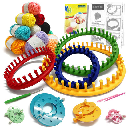 UCDRMA Loom Knitting Kit with Yarn, 23PCS Round Knitting Loom Kit for Beginners Including Instructions and Pom Pom Maker, Easy & Quick Hat Knitting Loom Set/Scarf Loom Knitting Set for Family