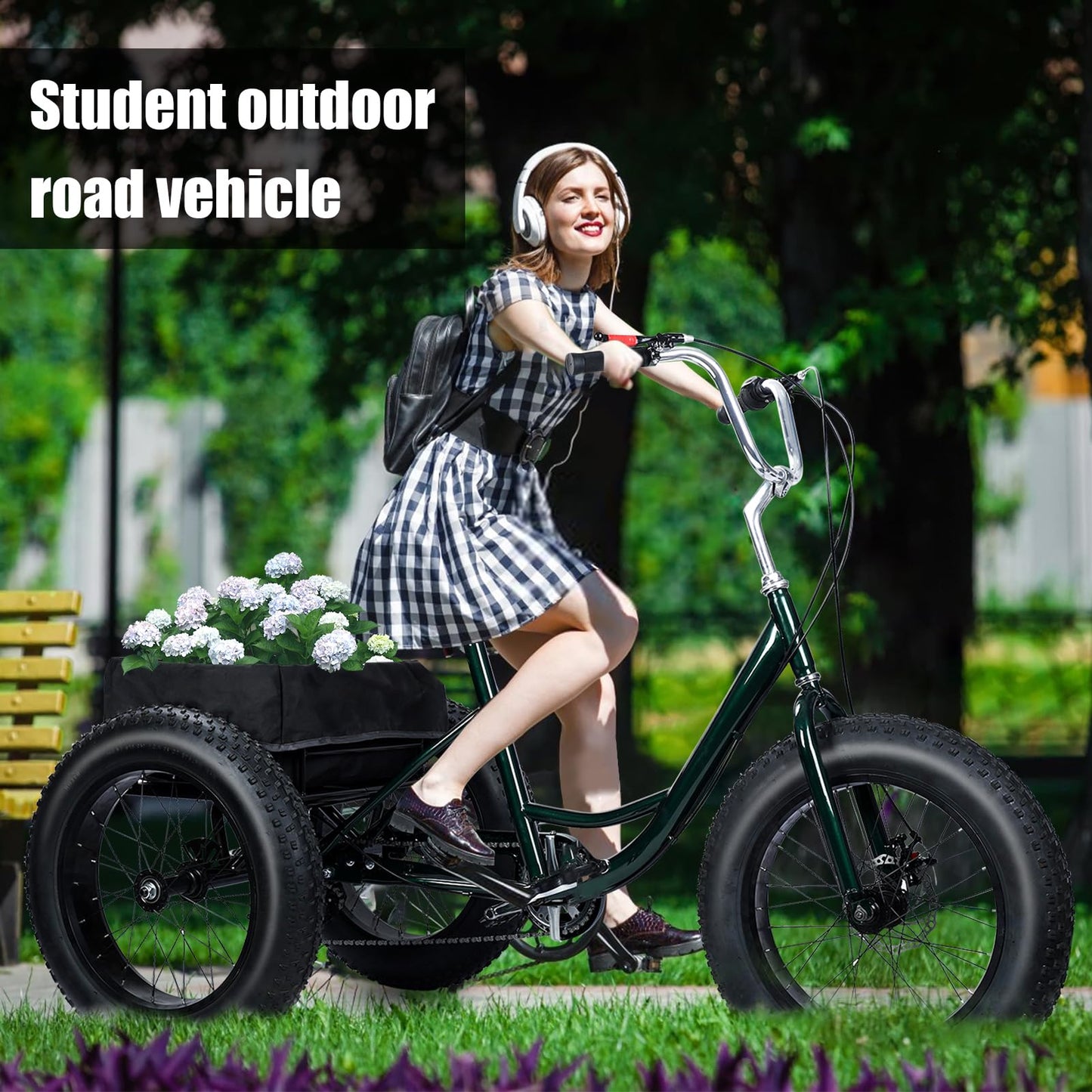 LEAQU 3 Wheel Bikes for Adults, 20 Inch Adult Tricycle, Three Wheel Bikes for Adults, 7 Speed Tricycle with Double Disc Brake, Fat Tire Bike with Spacious Shopping Basket, Black