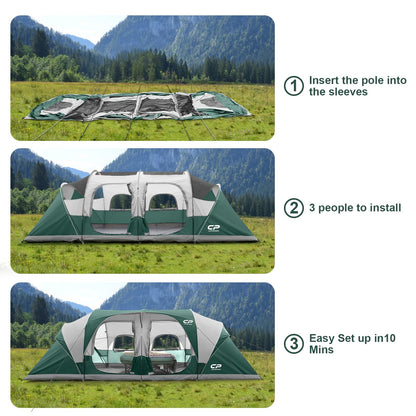 CAMPROS CP Tent 12-Person-Camping-Tents,3 Room Family Tents,Waterproof Windproof Family Tent with Top Rainfly,6 Large Mesh Windows,Double Layer,Easy Set Up, Portable with Carry Bag-20' x 9' x 72"(H)