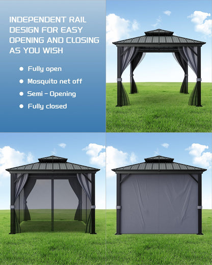 12'X12' Hardtop Gazebo, Galvanized Steel Aluminum Frame with Double Roof, Heavy-Duty Outdoor Patio Gazebo with Curtains & Netting for Backyard, Deck, Porch, Garden, Lawn, Grey