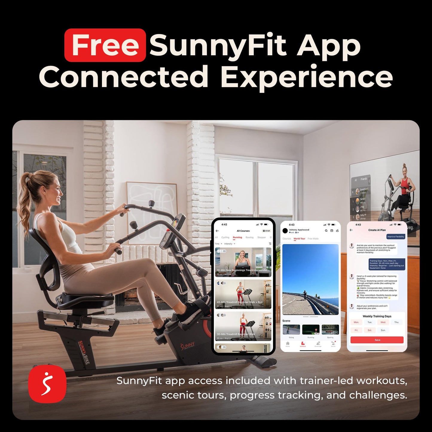 Sunny Health & Fitness Electromagnetic Recumbent Cross Trainer Exercise Elliptical Bike w/Arm Exercisers, Easy Access Seat & Exclusive SunnyFit® App Enhanced Bluetooth Connectivity - SF-RBE4886SMART