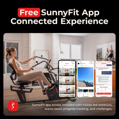 Sunny Health & Fitness Electromagnetic Recumbent Cross Trainer Exercise Elliptical Bike w/Arm Exercisers, Easy Access Seat & Exclusive SunnyFit® App Enhanced Bluetooth Connectivity - SF-RBE4886SMART