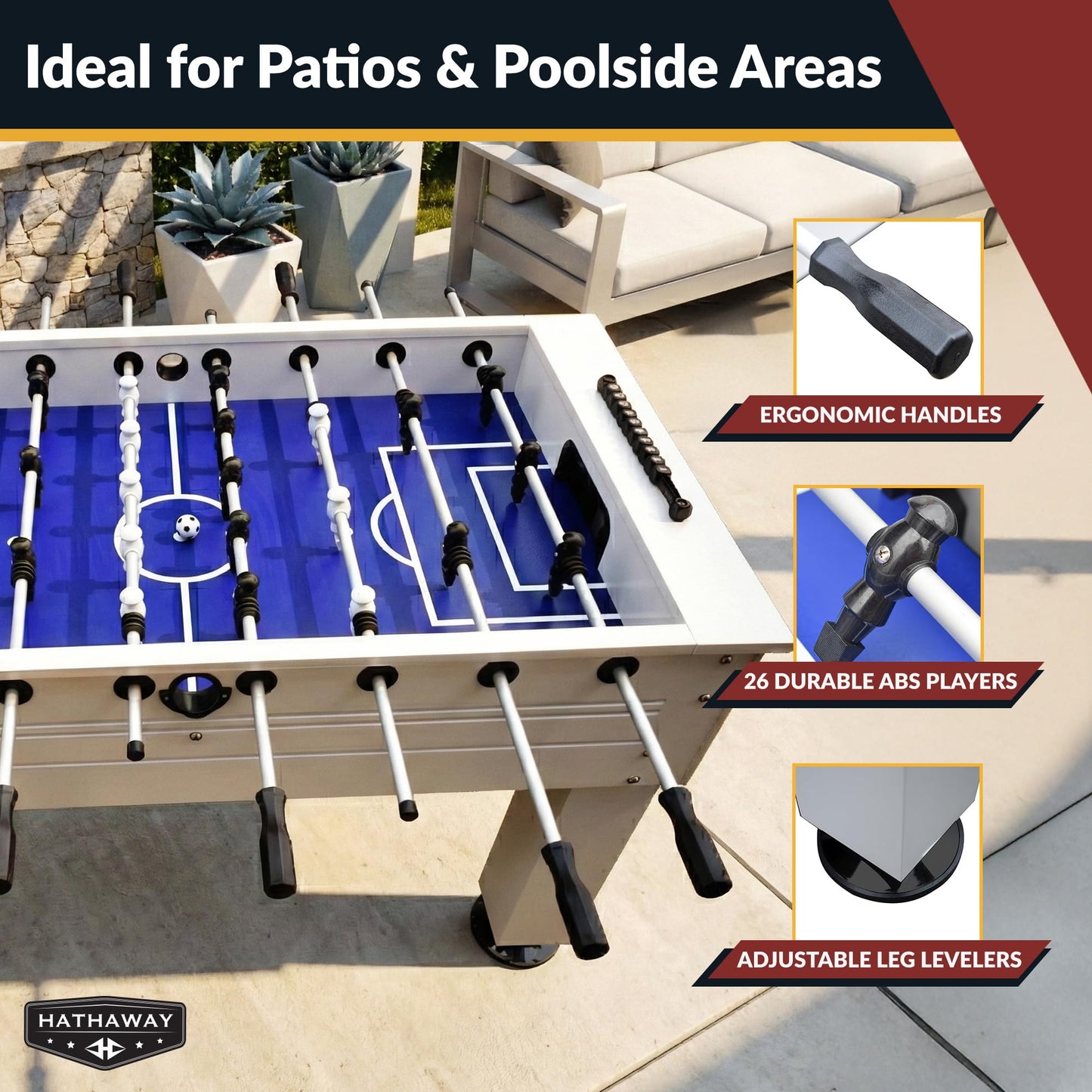Hathaway Highlander 55-in Outdoor Foosball Table Adult Size - White Soccer Table Game Set with Waterproof Surface, Anti-Rust Rods, Ergonomic Handles, Nylon Cover, 2 Scorers, and 2 ABS Foosball Balls