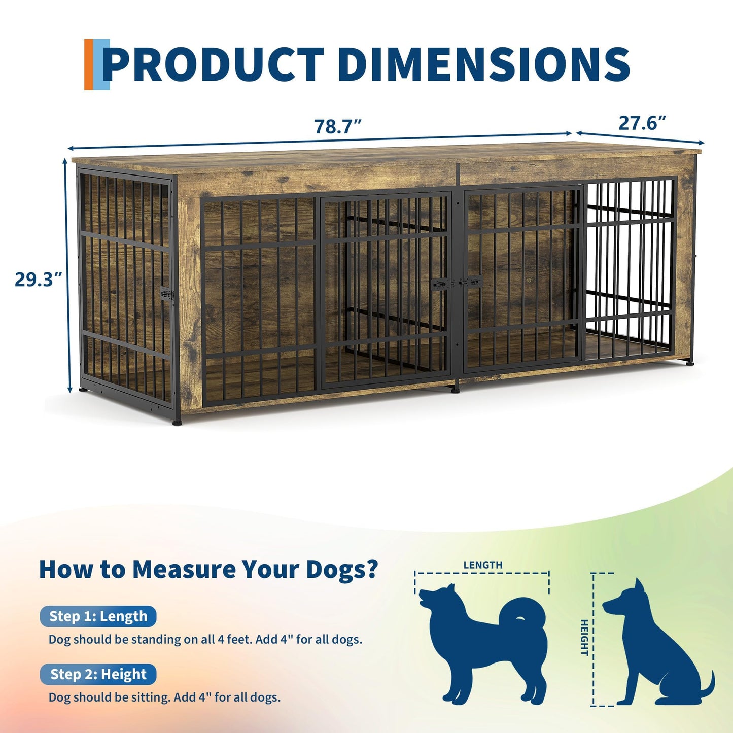 GarveeLife 78.7" Heavy Duty Dog Crate Furniture, Dog Cage Furniture with Divider,Wooden Kennel Indoor TV Stand End Table for Large/Medium Dogs, Rustic Brown