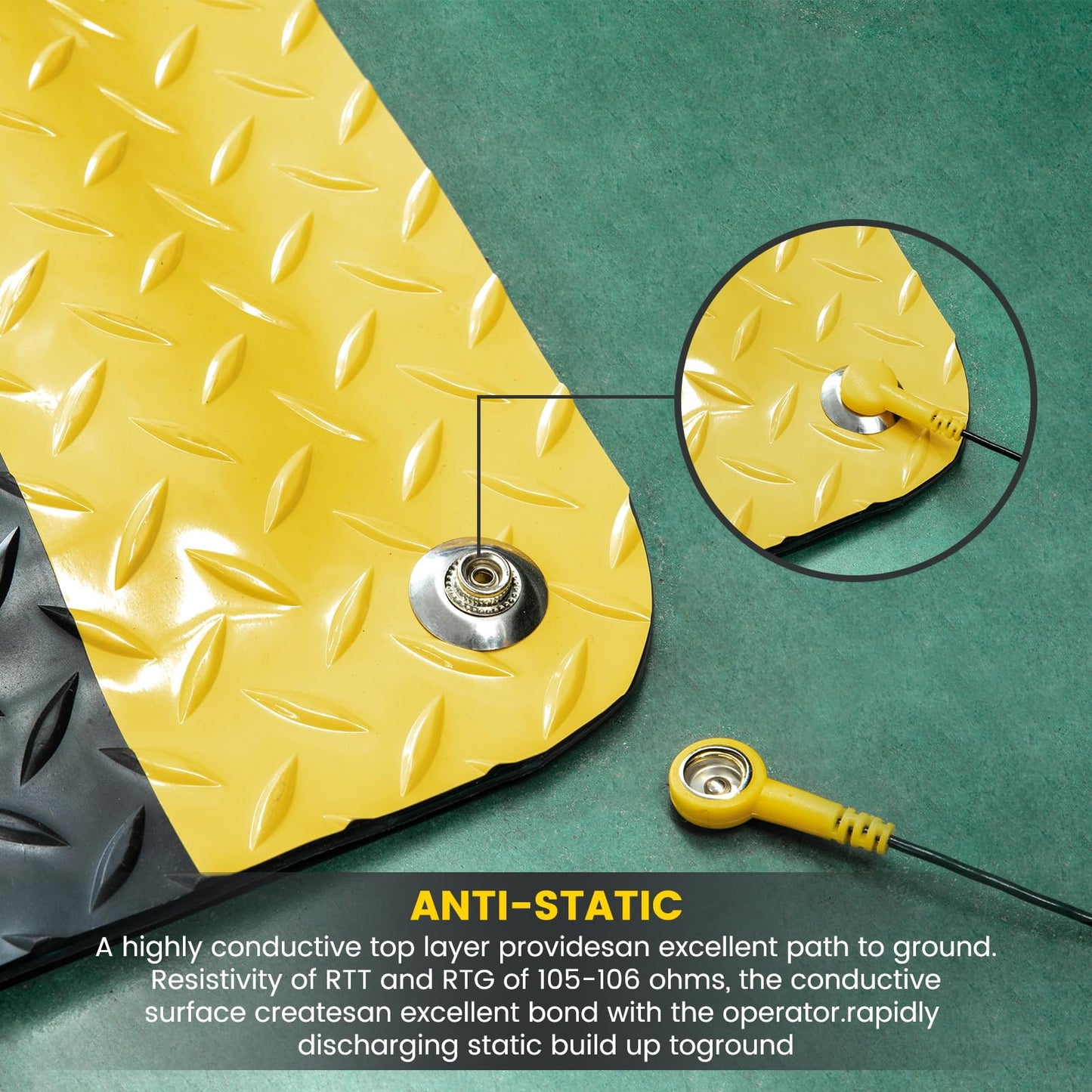 3' x 12' ESD Anti-Fatigue Conductive Mat, Durable Heavy Duty Diamond Plate, Soft Sponge Ergonomic Mat, Non Slip Waterproof Floor Mats for Commercial&Industrial Work Thick 3/4” Black with Yellow Border