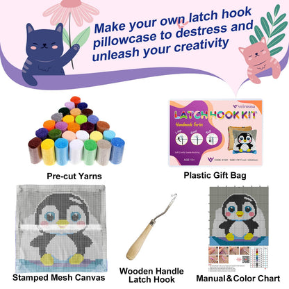 Cute Penguin Latch Hook Kits for Adults Kids Beginners Cartoon Animals Latch Hook Pillow Kit Pre-Printed Latch Hook Rug Kits Cross-stitch Cushion for Home Sofa Decoration 17x17 in. Craft Gift