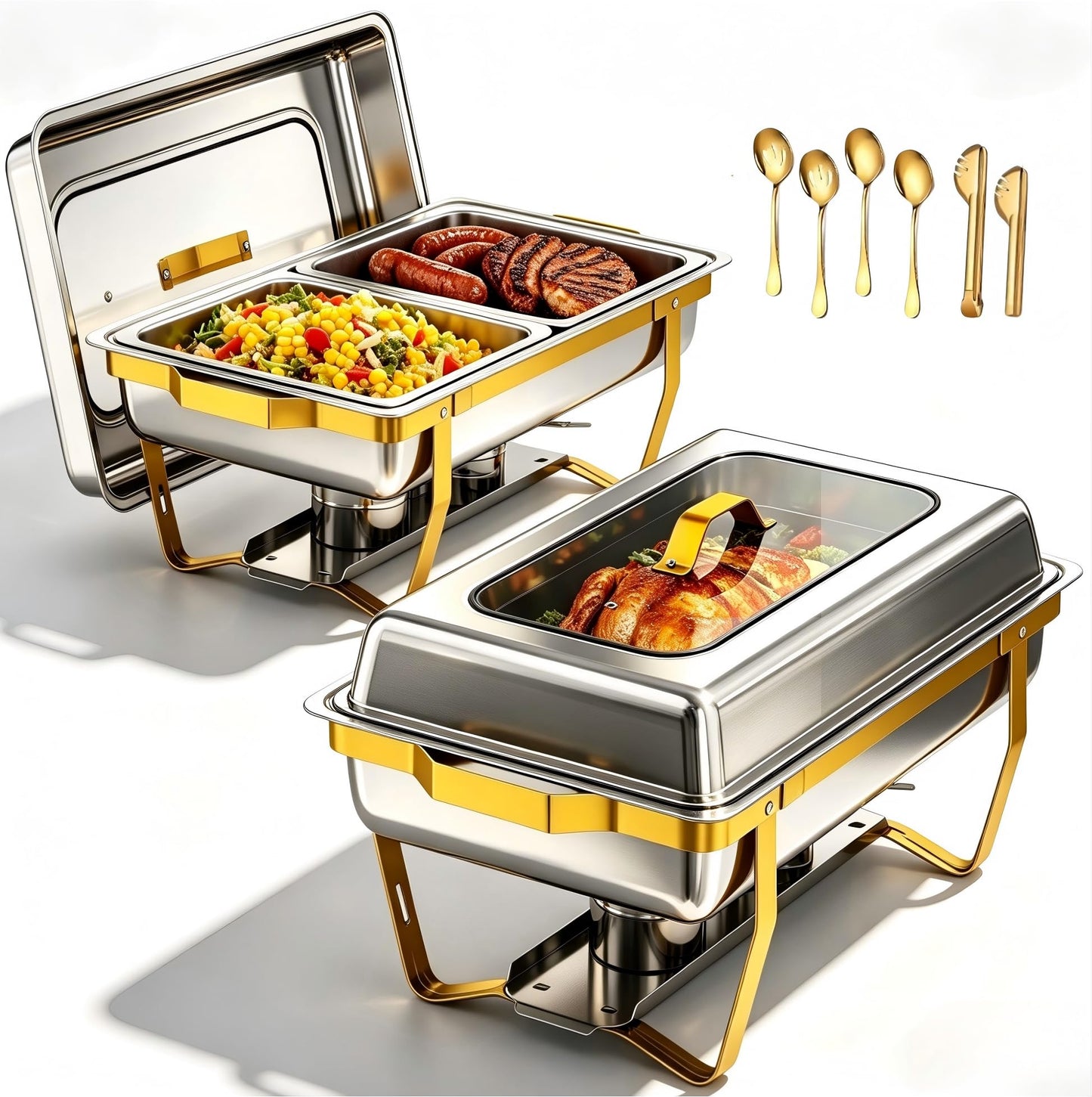 EffiQ-Rate Chafing Dishes for Buffet, 2-Pack Hot Cold Food Warmer with Glass Lid, 9QT Large Capacity Stainless Steel Buffet Servers, Complete Set with Utensils for Catering Party Wedding Outdoor