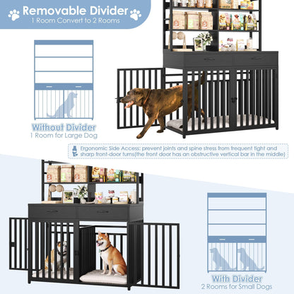 Keyluv 71''H x 47.2''W Large Dog Crate Furniture with 4-Tier Shelves and 2 Storage Drawers, Heavy Duty Dog Cage Furniture with 2 Doors, Wood & Metal Dog Kennel Indoor for Small/Medium/Large Dog, Black