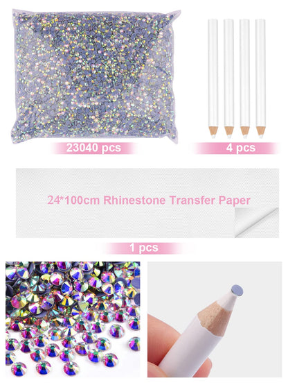Kalolary 23040 Pieces Hotfix Crystal AB Flatback Rhinestones Bulk for Crafts, Clothes, Nail Art with Rhinestone Transfer Paper and Picking Pen, SS10