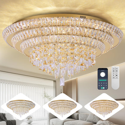 30 inch Crystal Gold Ceiling-Light Flush Mount With Remote Control and APP, 3CCT Dimmable & Brightness Adjustable, Modern Crystal Raindrop Chandeliers for Bedroom Hallway Dinning Room Living Room