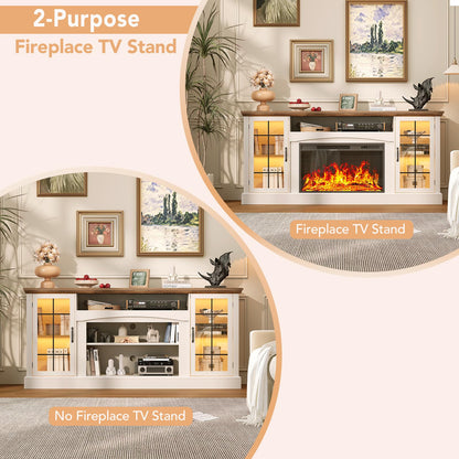 OneBlis 2-in-1 Multifunctional Fireplace TV Stand with 30" Removable Electric Fireplace, 70" Farmhouse Entertainment Center, Media Console Table with Large Storage Cabinets, for Living Room, White