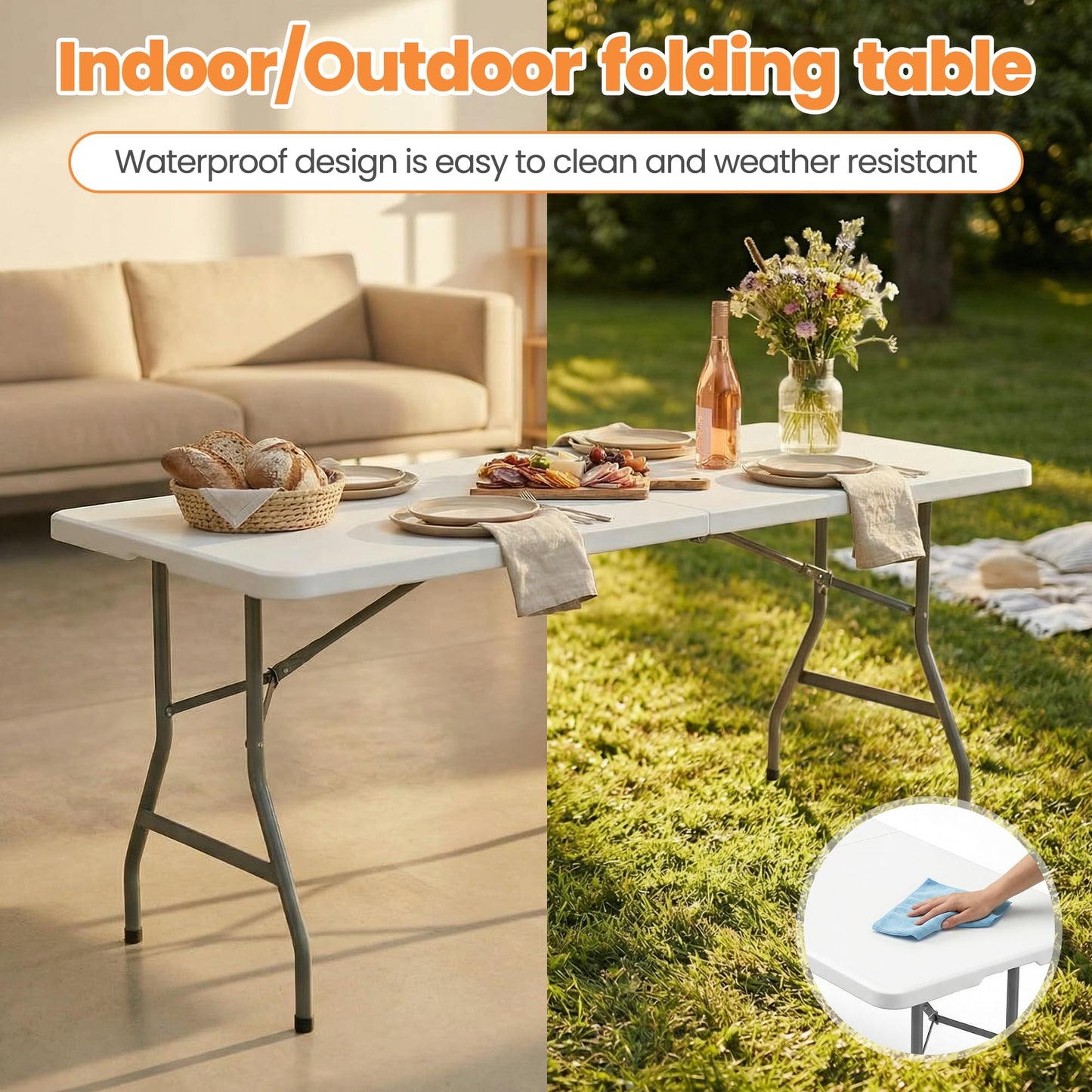 EDWINENE 6FT Plastic Folding Table Heavy Duty Foldable Table Portable Fold-in-Half Desk Table Collapsible White Dining Tables for Wedding Party Banquet Event Use, Set of 5 Pack