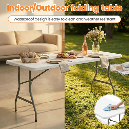 EDWINENE 6FT Plastic Folding Table Heavy Duty Foldable Table Portable Fold-in-Half Desk Table Collapsible White Dining Tables for Wedding Party Banquet Event Use, Set of 5 Pack