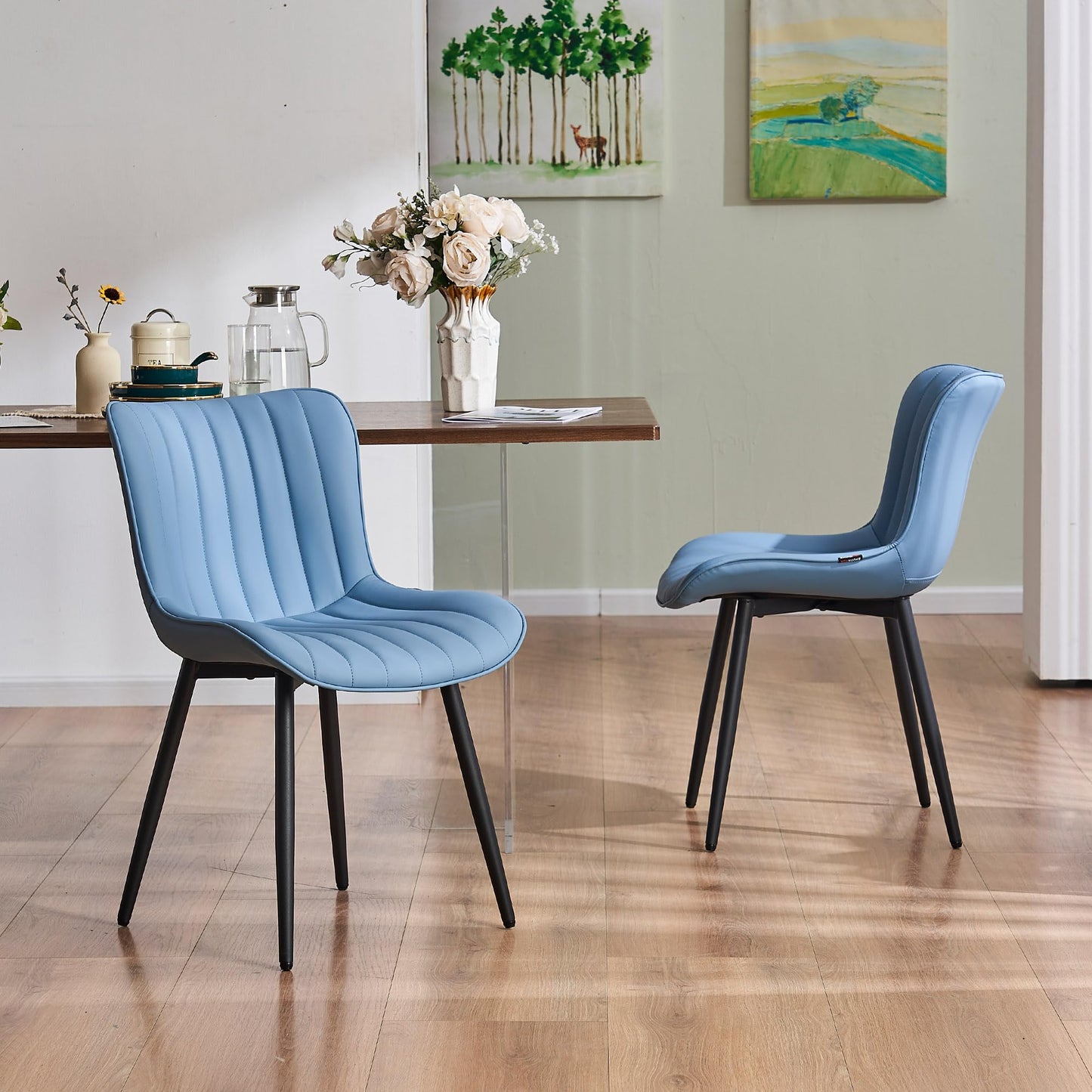 YOUNUOKE Mid-Century Modern Dining Chairs Set of 2, Blue PU Leather Upholstered Kitchen Chairs with Black Metal Legs, Armless Accent Chair for Dining Room, Guest Reception Room