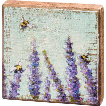 Primitives by Kathy Lavender and Bees Sign for Home Décor, Natural Wood Block Sign, Rustic Style with Distressed Details, Hand Painted Art, 4 by 4 Inches, Designed for Wall or Tabletop Display