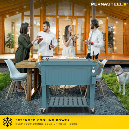 Permasteel Party Cooler with Divider, Spacious 80-Qt Capacity, Chills 36hrs, Serving Tray, Rolling Ice Chest for Indoor and Outdoor Entertainment, Matte Teal