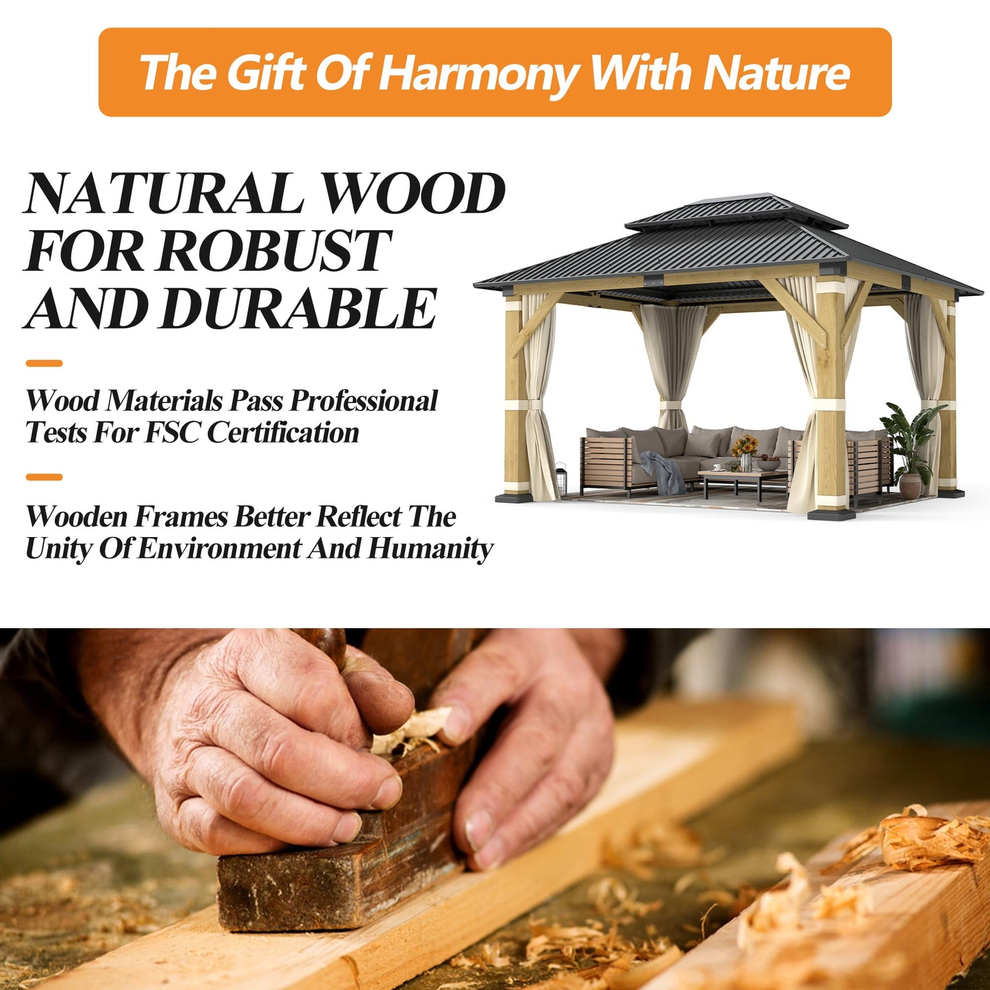 GARTOO 10' x 12' Outdoor Wooden Gazebo - Patio Hardtop Gazebo Permanent Wooden Pavilion with Galvanized Steel Double Roof, Wood Gazebos with Privacy Curtains and Netting for Garden, Lawn, Backyard