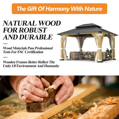 GARTOO 10' x 12' Outdoor Wooden Gazebo - Patio Hardtop Gazebo Permanent Wooden Pavilion with Galvanized Steel Double Roof, Wood Gazebos with Privacy Curtains and Netting for Garden, Lawn, Backyard
