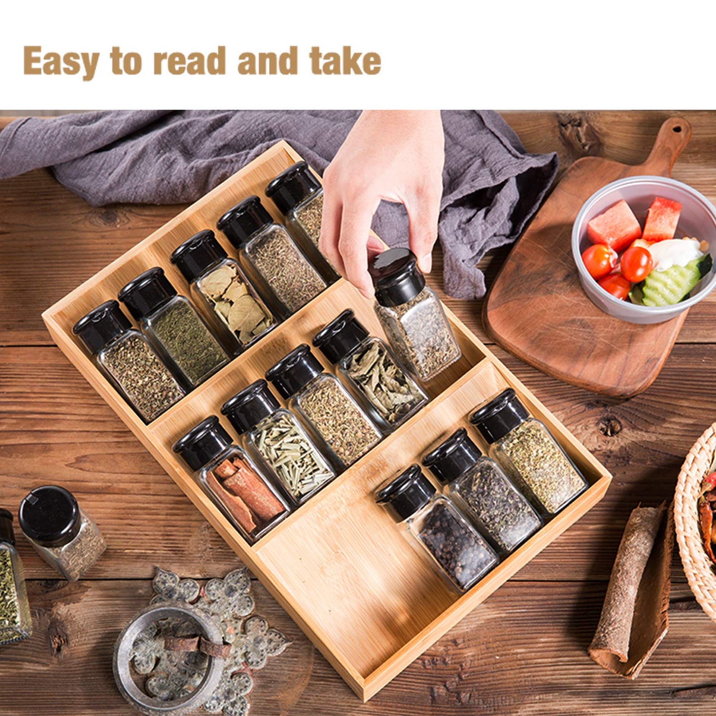 Sansnow 3-Tier Bamboo Drawer Spice Rack Wooden Kitchen Cabinet Spice Organizer Spice Jar Holder, Medicine/Health Care/Vitamin Bottles Storage Rack (Pre-Measure Drawer Dimensions), 1 Pack Drawer Rack