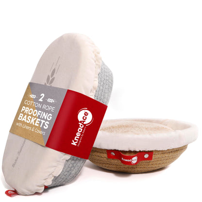 KneadAce Cotton Rope Banneton Bread Proofing Basket Set, Oval & Round Bread Baskets with Liners & Covers for Artisan Bread Baking, Sourdough Bread Baking Supplies
