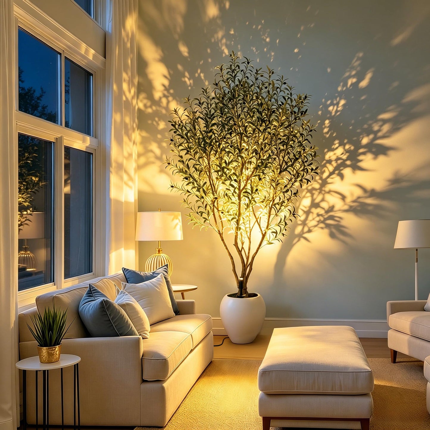Nafresh 8FT Large Faux Olive Tree with 15''Wx13.5''H White Planter & Warm White Spotlight, Olive Trees Artificial Indoor with Multi Branches, Fake Olive Tree for Indoor Outdoor Home Office Decor