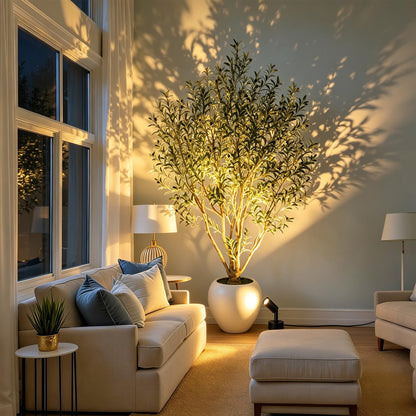 Nafresh 8FT Large Faux Olive Tree with 18.4''Wx16.5''H White Planter & Warm White Spotlight, Olive Trees Artificial Indoor with Multi Branches, Fake Olive Tree for Indoor Outdoor Home Office Decor