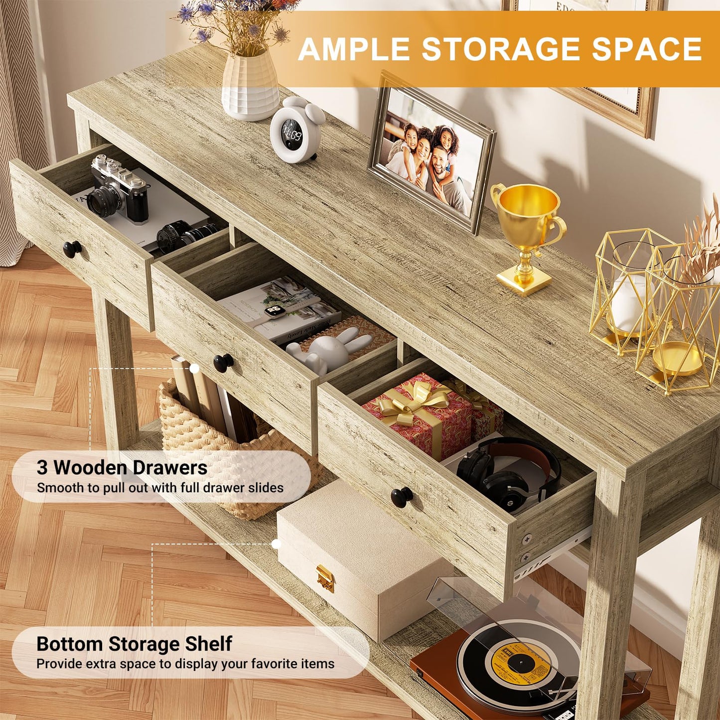 Homieasy Farmhouse Console Table with 3 Drawers, 47 Inch Wood Sofa Table with Storage Shelf for Living Room, Behind Couch, Entryway Table for Hallway, Living Room, or Foyer, Light Rustic Oak