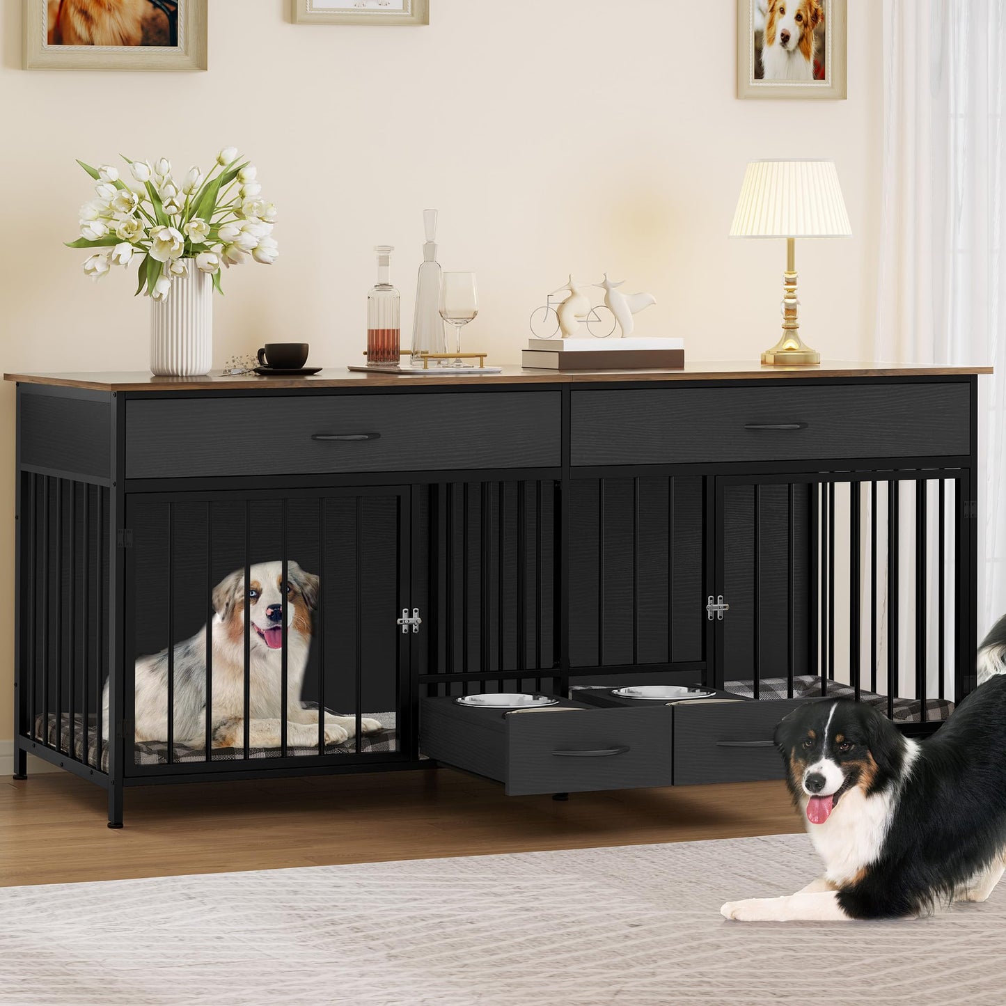 YITAHOME 74.8" Double Dog Crate Furniture with Dog Feeder, Heavy Duty Indoor Dog Kennel TV Stand with Drawers, Sturdy Dog Kennel with Divider for 2 Medium Large Dogs, Black