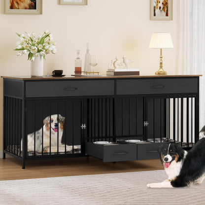 YITAHOME 74.8" Double Dog Crate Furniture with Dog Feeder, Heavy Duty Indoor Dog Kennel TV Stand with Drawers, Sturdy Dog Kennel with Divider for 2 Medium Large Dogs, Black