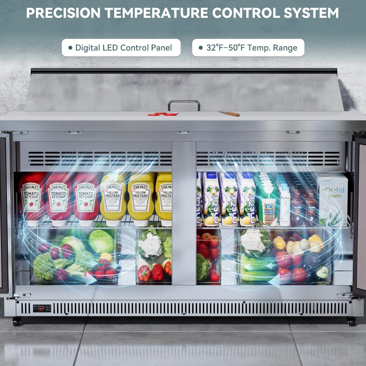 60" Commercial Sandwich & Salad Prep Refrigerator, 16.5 Cu.Ft Prep Table with 16 GN Pans, Stainless Steel Salad Bar Fridge with 60 Inch Cutting Board & Wheels for Restaurant, Catering, Food Truck