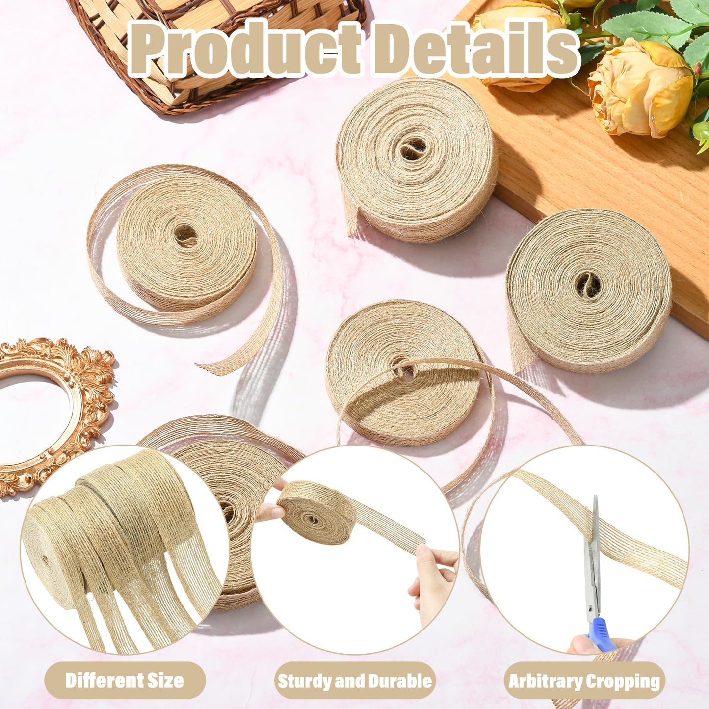 Stiesy Burlap Fabric Ribbon, 5 Rolls Natural Jute Twine for Craft Making Gift Wrapping, 5 Styles Rustic Wedding Decorations, 3/8 to 1-1/4 Inch Tan Ribbon Rolls