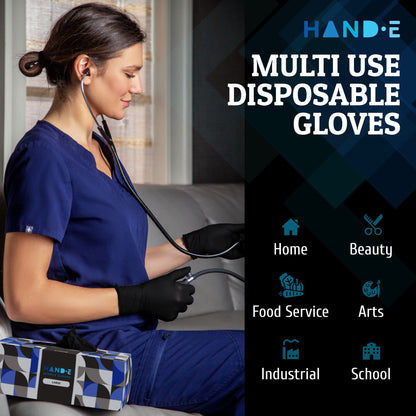 Hand-E Touch Black Nitrile Disposable Gloves XL 100 Count - Powder & Latex Free, Textured Fingertips, Heavy Duty Rubber Gloves for BBQ, Cooking, Tattoo, Hair Color, Cleaning
