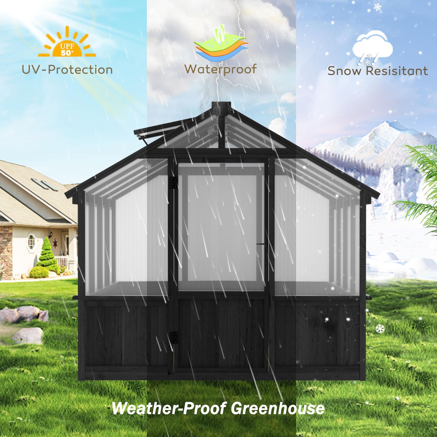 MUPATER 8 x 8FT Wooden Polycarbonate Greenhouse with 6mm Polycarbonate Panels for UV Protection, Ventilated Window & Lockable Door, Walk-in Greenhouse for Outdoors, Patio, Backyard, Black