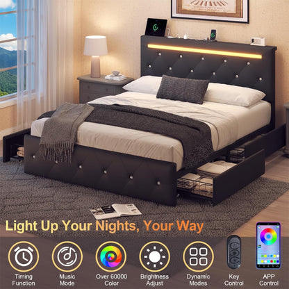 FammyLoft Queen Size Bed Frame, PU Upholstered Bed Frame with RGB LED and 4 Storage Drawers, Platform Bed Frame with Adjustable Headboard, Charging Outlet, Diamond Crystal Button, Black