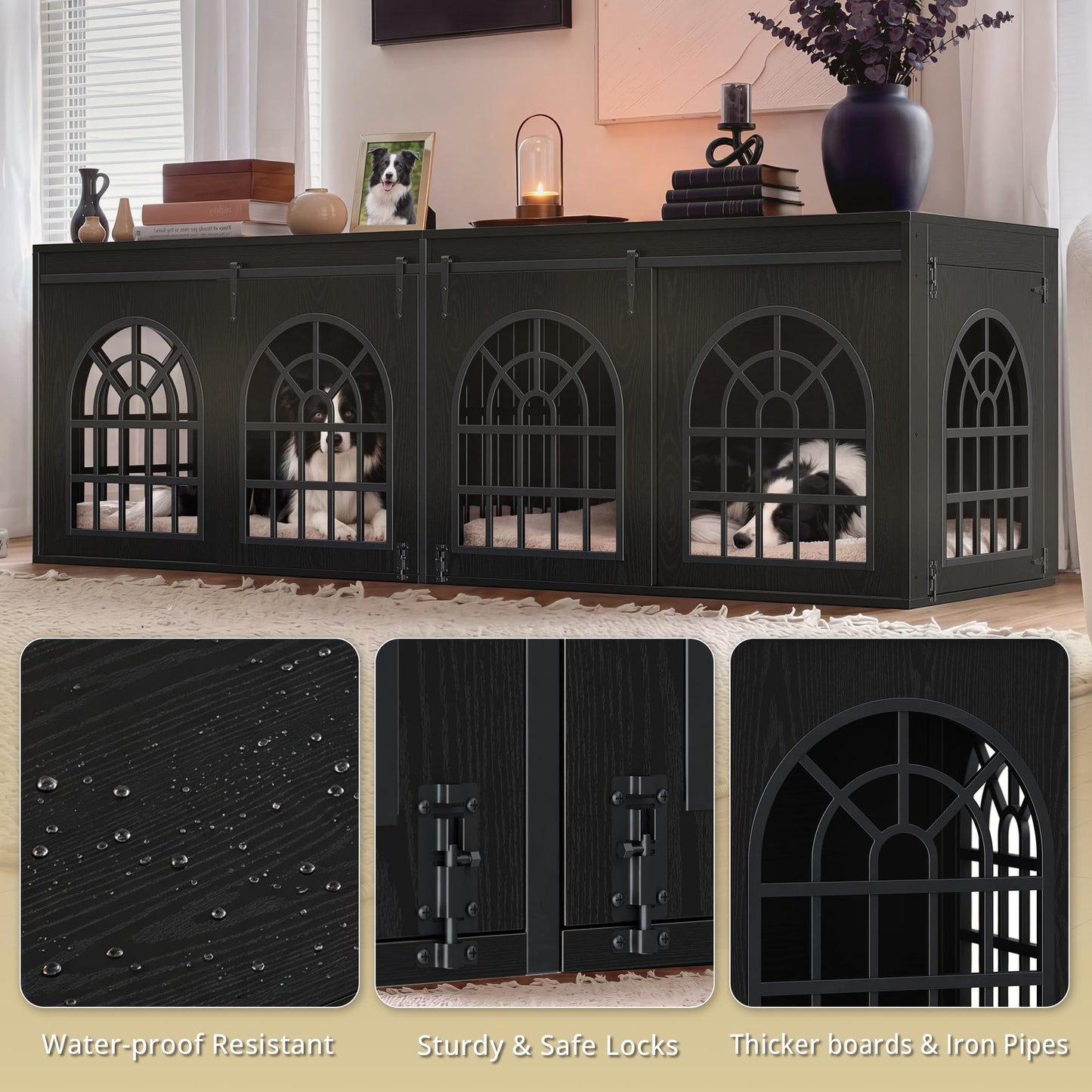 IRONCK 90.2" Double Room Dog Crate Furniture with Sliding Doors– Heavy Duty Wooden Dog Kennel with Hinged Divider, TV Stand & End Table for Large to Medium Dogs, Black