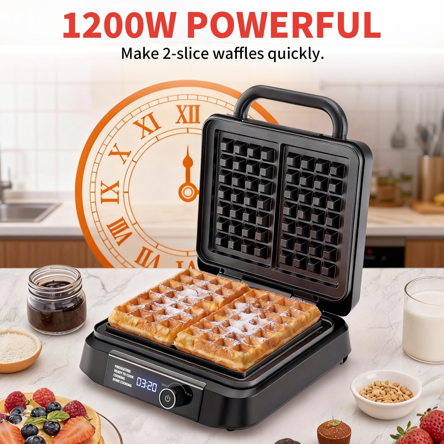 Waffle Maker, 1200W Belgian Waffle Maker, Dual Rectangular Thick Waffle Iron, 7-Level Browning LED Panel, Nonstick Plates, Anti-spill Design, Audible Ready Beep, Easy Cleanup, Stainless Steel