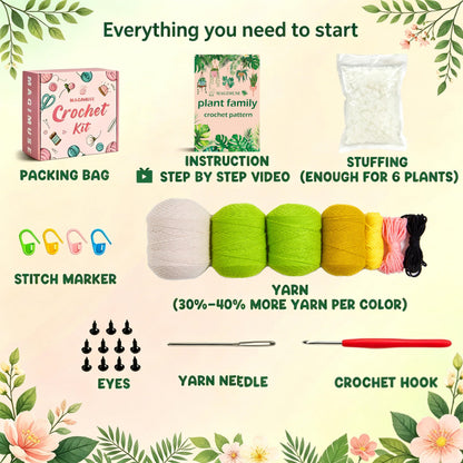 MAGIMUSE Crochet Kit for Beginners,Crochet Starter Kits with Step-by-Step Video Tutorials, DIY Craft Kits Amigurumi Knitting Supplies, Monstera Plant Family (40%+ Yarn)