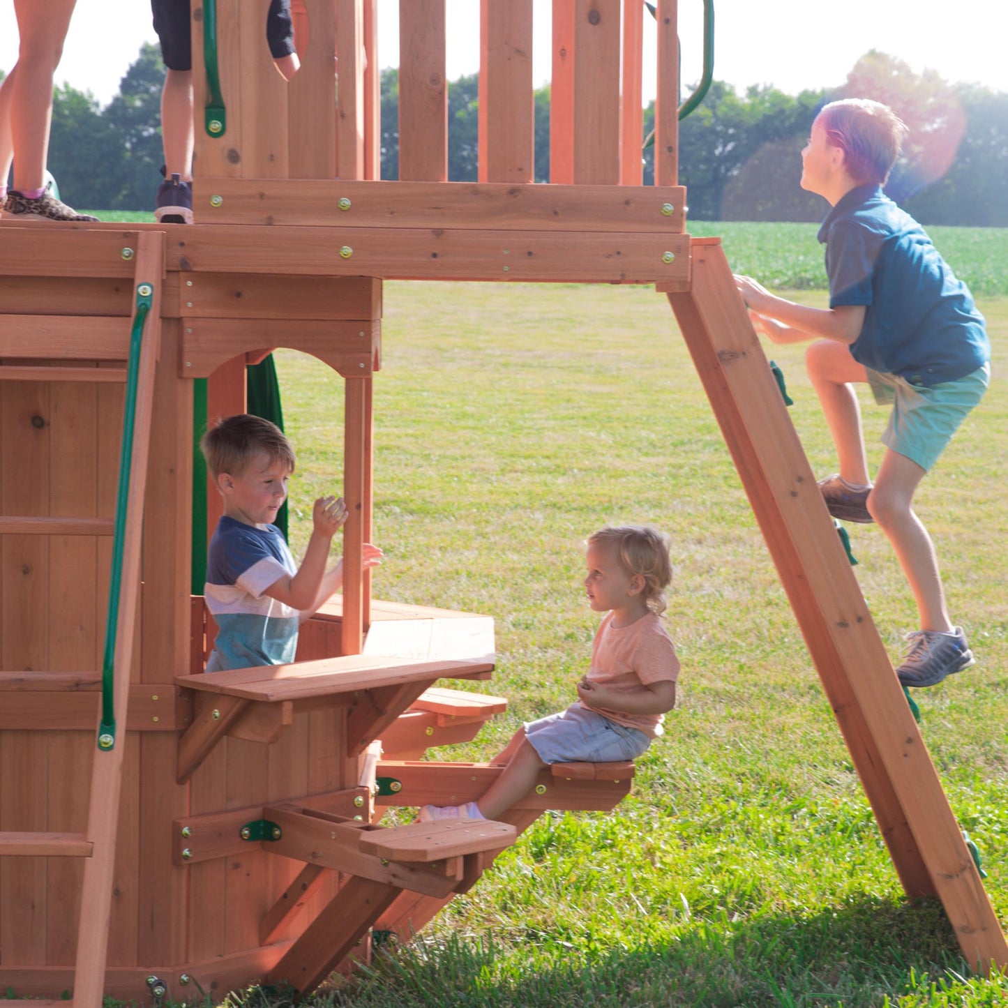 Backyard Discovery Woodland Cedar Wood Swing Set with Wave Slide, Clubhouse, Rock Wall, Snack Bar Station, Benches, Belt Swings, Trapeze, Half Door, Balcony, Step Ladder, Outdoor Playset