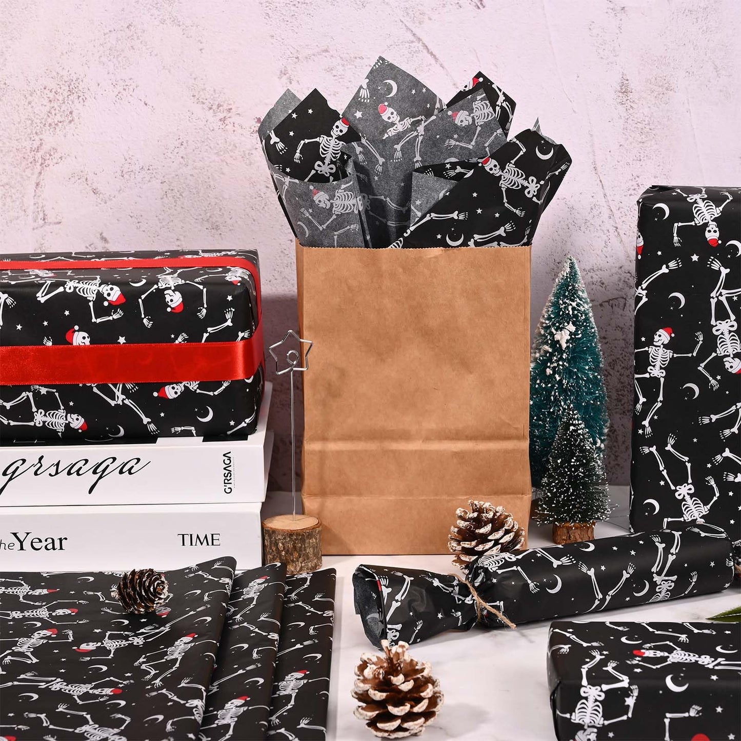 Bolsome 100 Sheets 20 * 14 Inches Christmas Tissue Paper for Gift Bags Black Dancing Skeleton with Santa Hat Printed Tissue Paper Spooky Decorative Tissue for Xmas Party Winter Holidays DIY Crafts