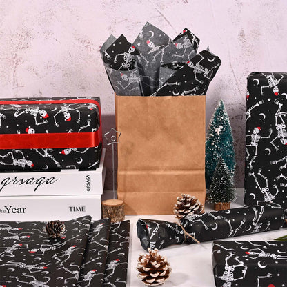 Bolsome 100 Sheets 20 * 14 Inches Christmas Tissue Paper for Gift Bags Black Dancing Skeleton with Santa Hat Printed Tissue Paper Spooky Decorative Tissue for Xmas Party Winter Holidays DIY Crafts