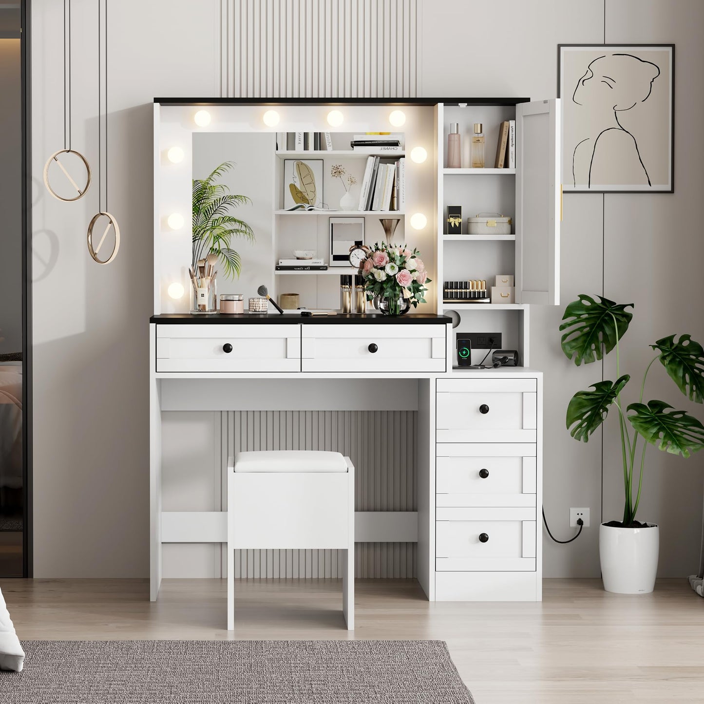 GarveeHome Makeup Vanity Desk and Stool, Vanity Desk with Lights, Vanity Table Set with Charging Station, Drawers and Hidden Storage Shelves, White