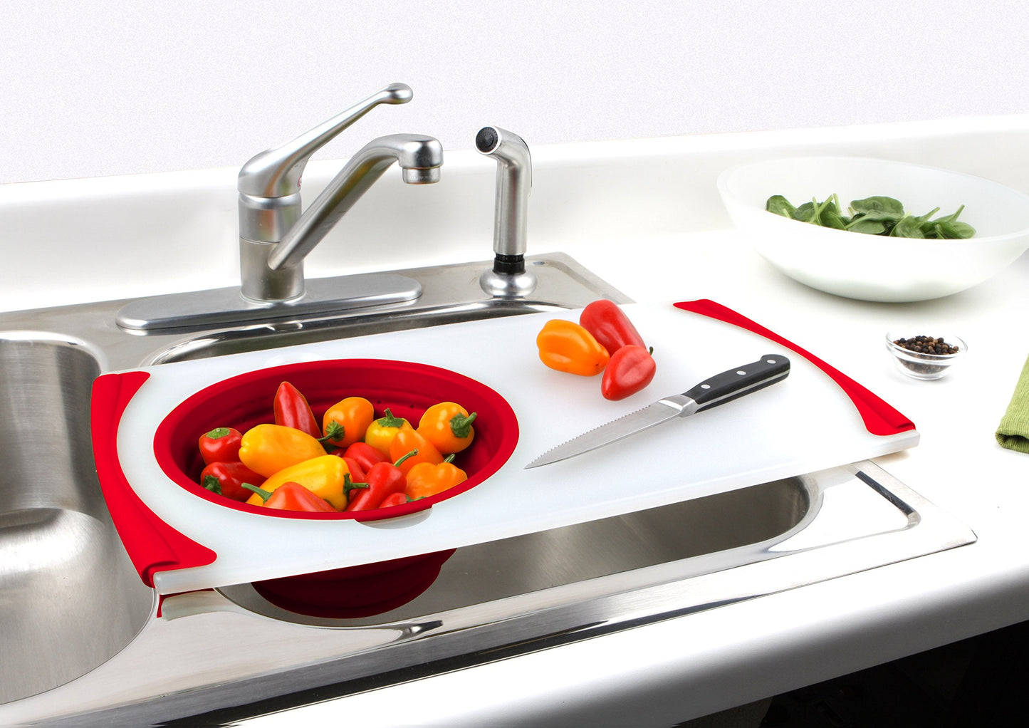 Dexas Over the Sink Poly Cutting Board with Collapsible Colander Strainer, 11.5 x 20", Natural/Gray