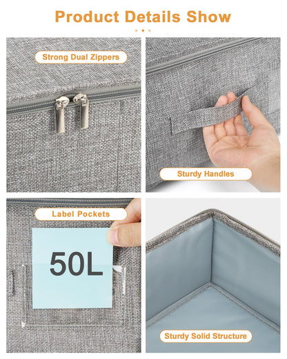 Under Bed Storage, 2 Pack Underbed Storage Container Bags With Lid, Foldable Sturdy Clothes Storage Drawer Organizer W/ 3 Handles, Ultra Thick Fabric Blanket Shoe Storage Box, 30x15x6.7inch, Grey