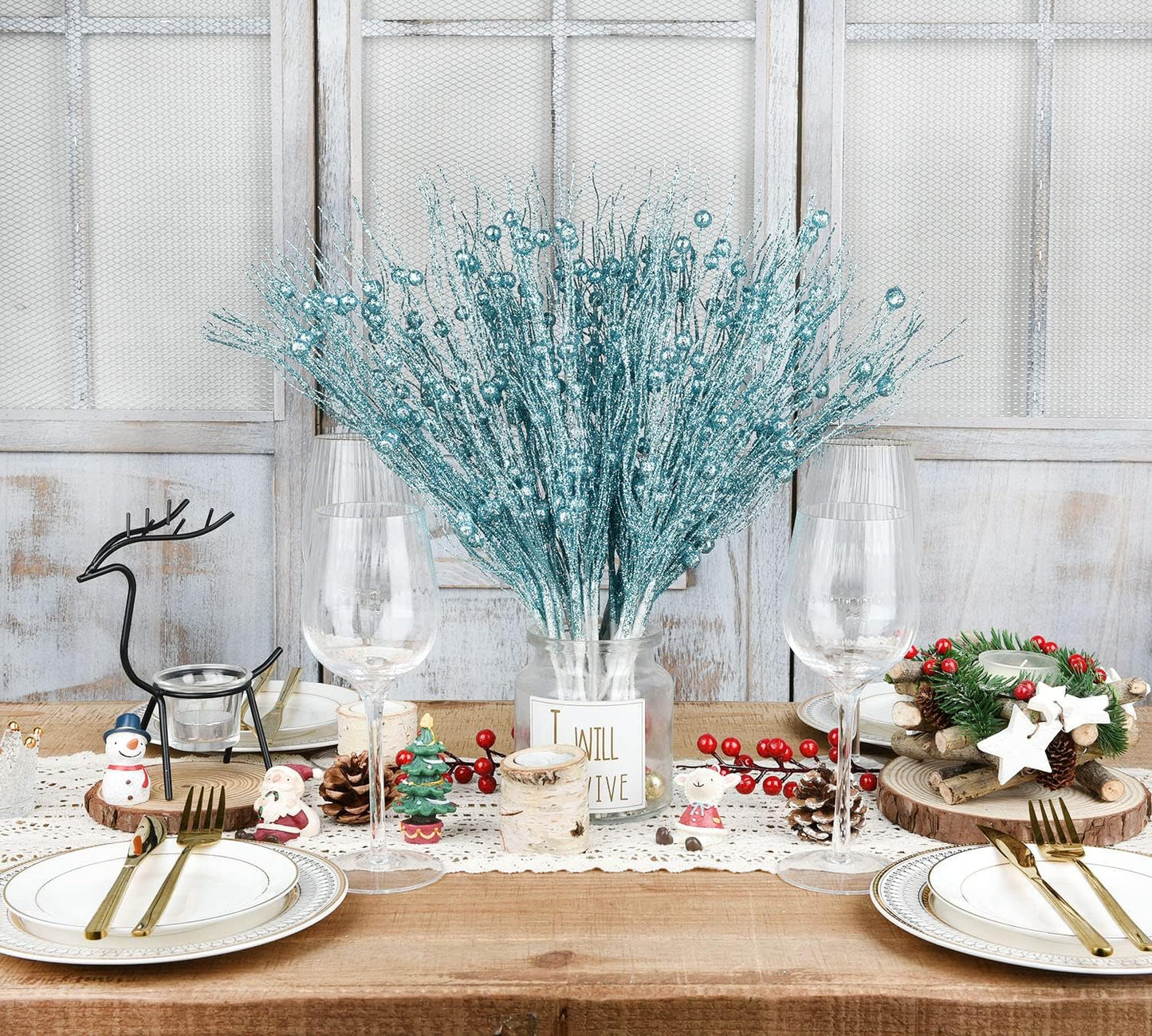 DearHouse 22 Pcs Christmas Glitter Berries Stems, 16.5 Artificial Picks for Holiday Crafts and Home Decoration (Blue)