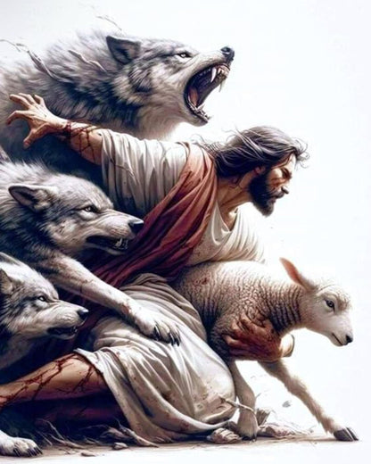 YIMORE 5D DIY Diamond Art Painting Kits Christ Jesus Wolf and Lamb 16X20 inches for Adults ，Full Round Drill Rhinestone Embroidery for Home Wall Decor