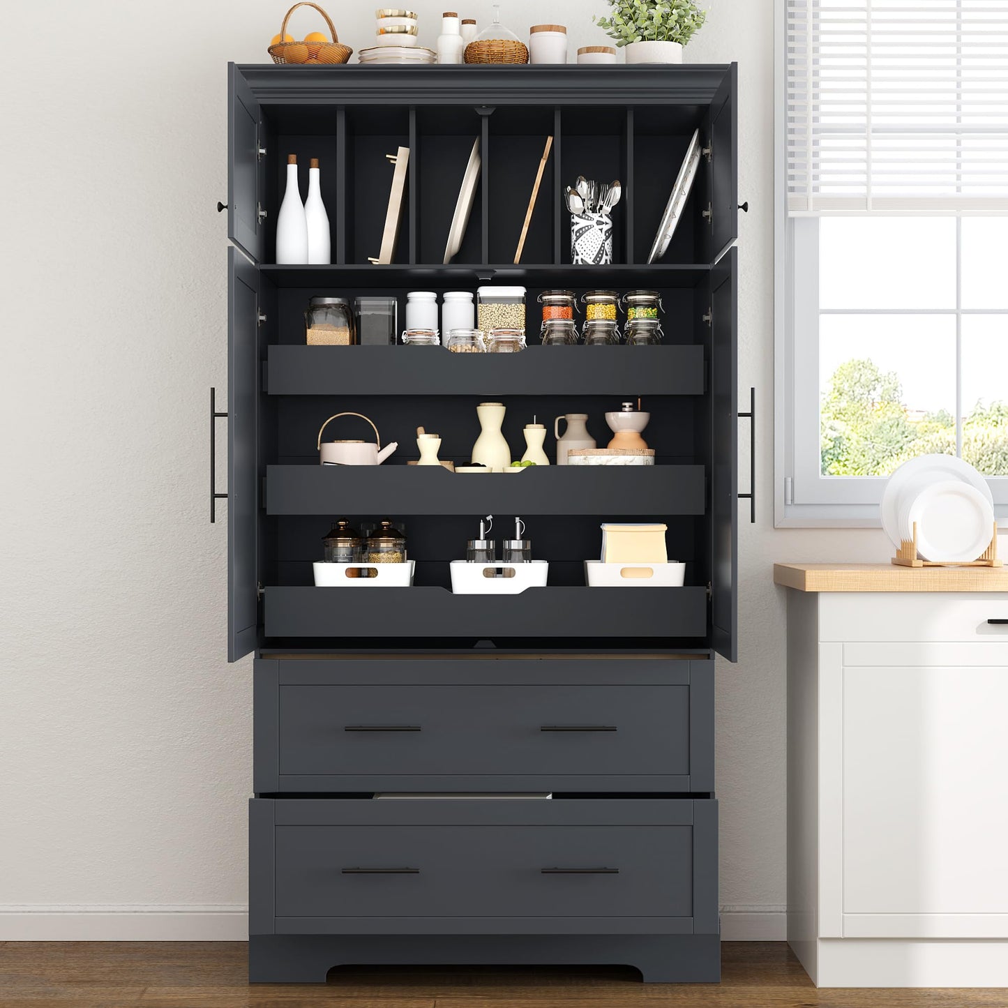 Merax 72.6" Farmhouse Kitchen Pantry Cabinet with Pull-Out Trays & Drawers, Freestanding Pantry with Cake Pan Storage, 4-Door Shaker Style Storage Cabinet, 40" L x 18" W, Grey