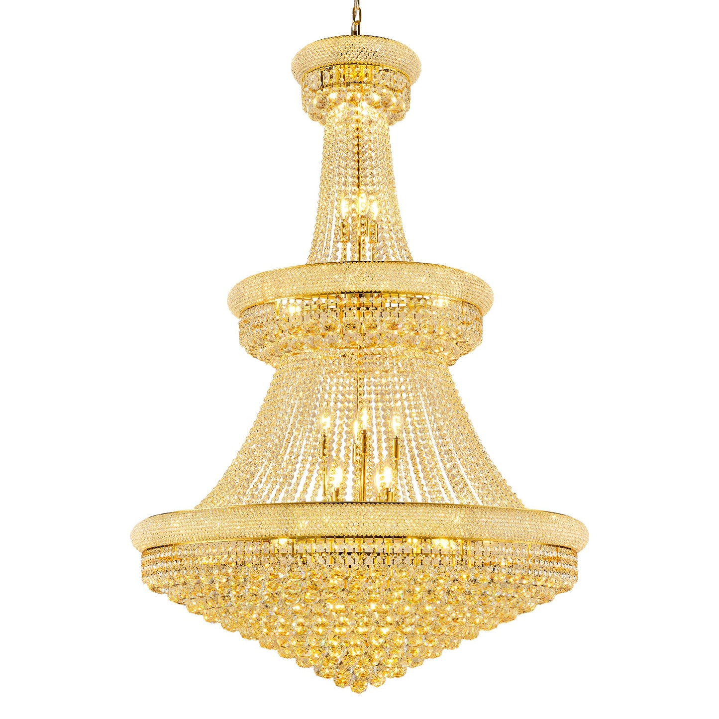 Dvasovio 42'' W Luxury 3-Tier Empire Crystal Chandelier, 36 LED Bulbs, 480 Hand-Strung K9 Crystals (4 Spares), 79-Inch Adjustable Chain, Ideal for Foyer, Staircase, Double-Height Living Room (Gold)