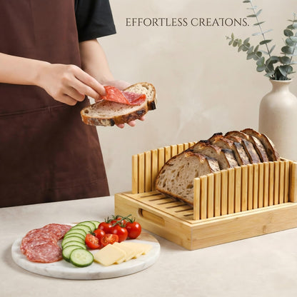 Bamboo Bread Slicer for Homemade Bread - Sturdy Bread Cutting Guide with Crumb Catcher Tray & Serving Board - Bread Cutter Machine for Loaf, Sandwich, Baking